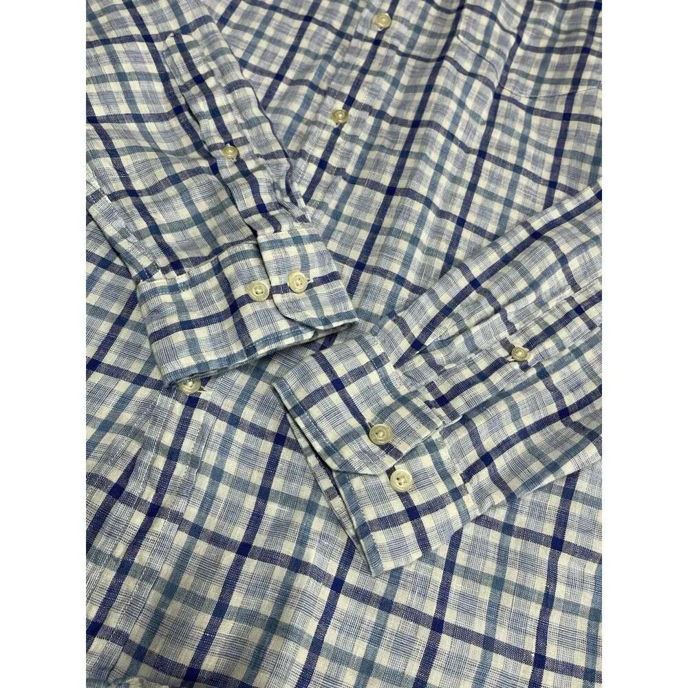 Preppy Linen Banana Republic Camden Standard Fit Button Down Shirt L Blue Plaid